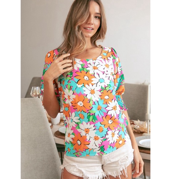 RESTOCK! Multicolor Floral Puff Smocked Sleeve Top! - Picture 7 of 15